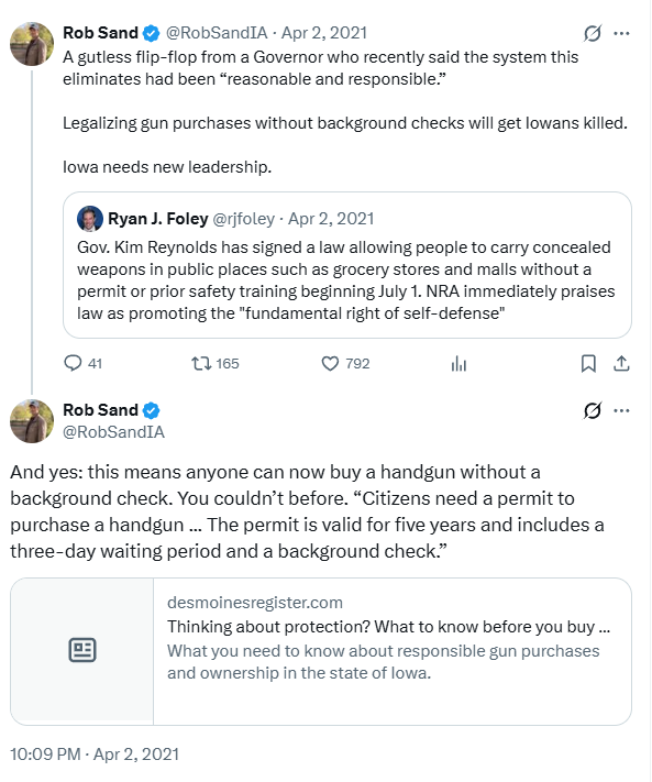 Rob Sand posts from April 2, 2021 attacking Iowa's permitless carry law and the end of the handgun purchase permit requirement.
